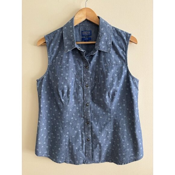 Vintage Pendleton Denim Button Up Sleeveless Chambray Blouse Large Polka Dot - Picture 1 of 9